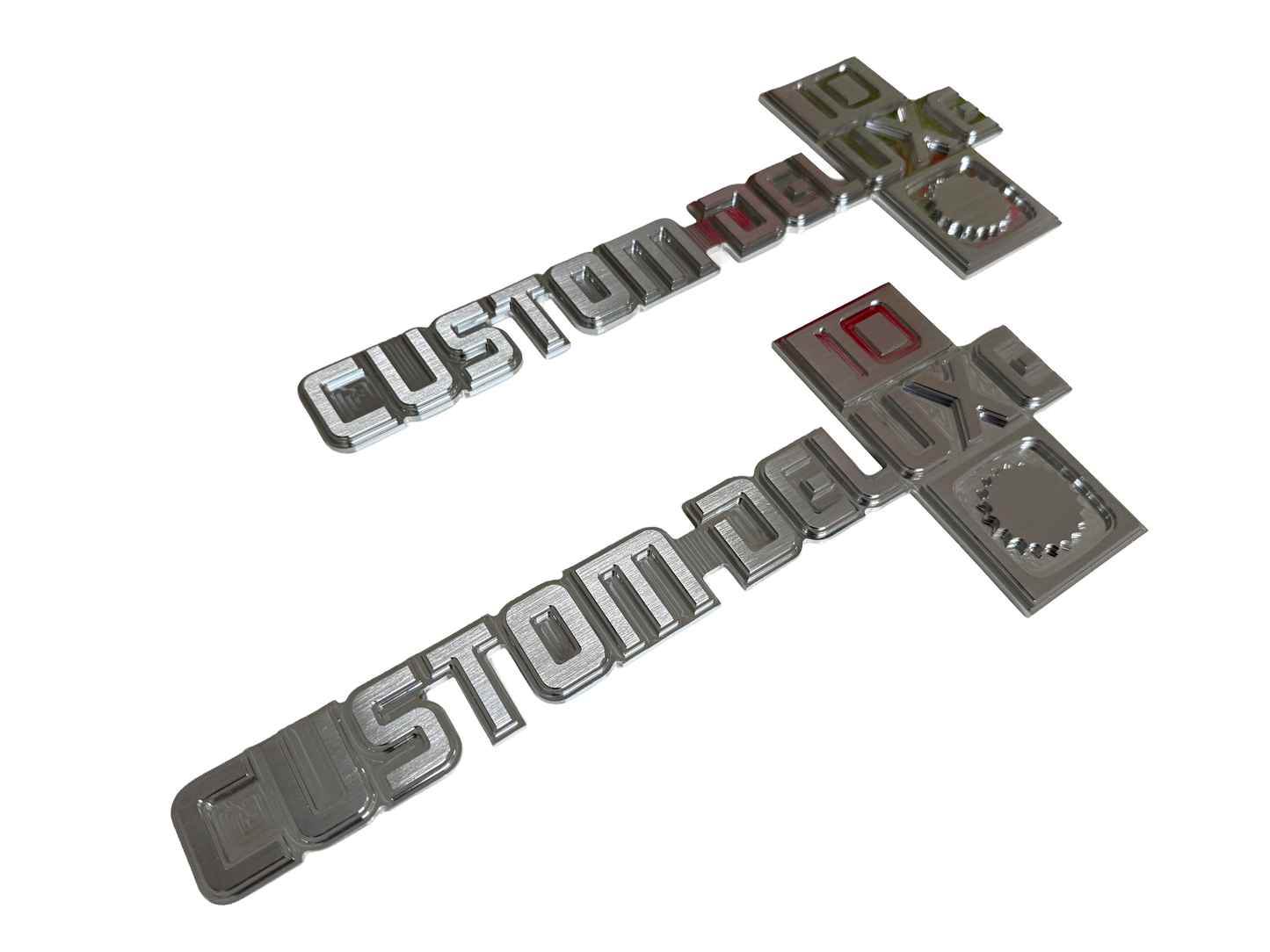 81-87 Chevy Billet Fender Emblems - "Custom Deluxe 10" - Pair